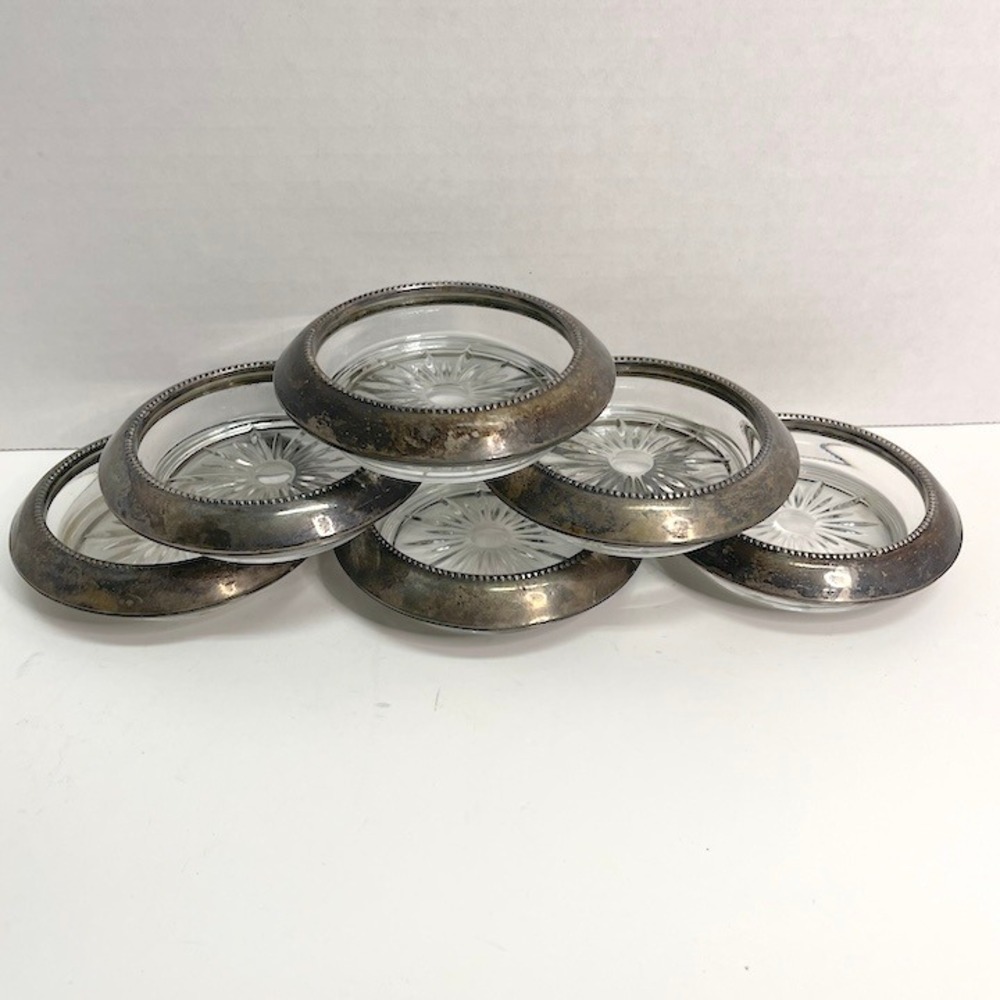 Vtg Sterling Silver Rim Glass Coasters Starburst‎ Base Lot of 6 Frank M Whiting